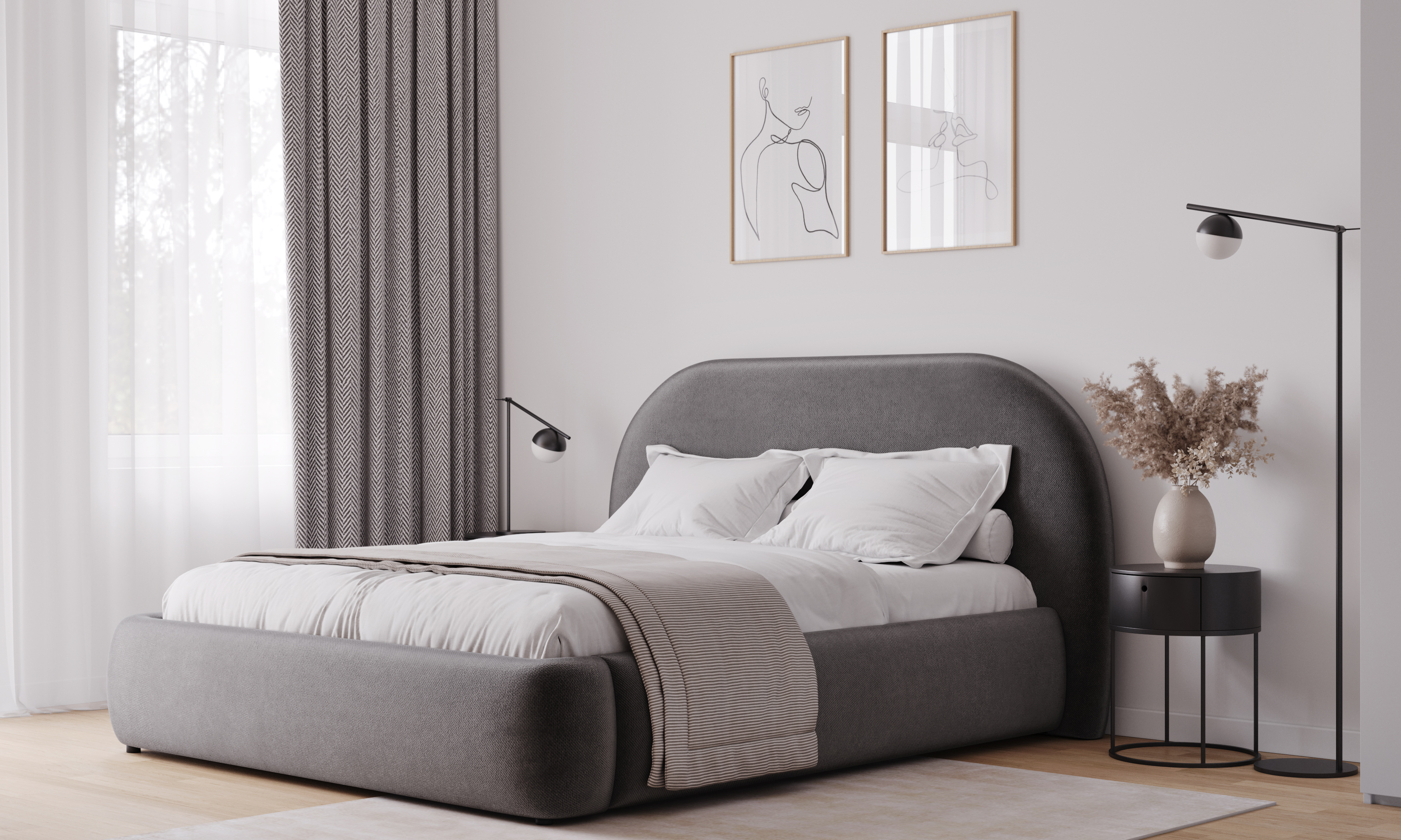 Modern bedroom with gray round sofa, black wood slat wall and white built-in wardrobe