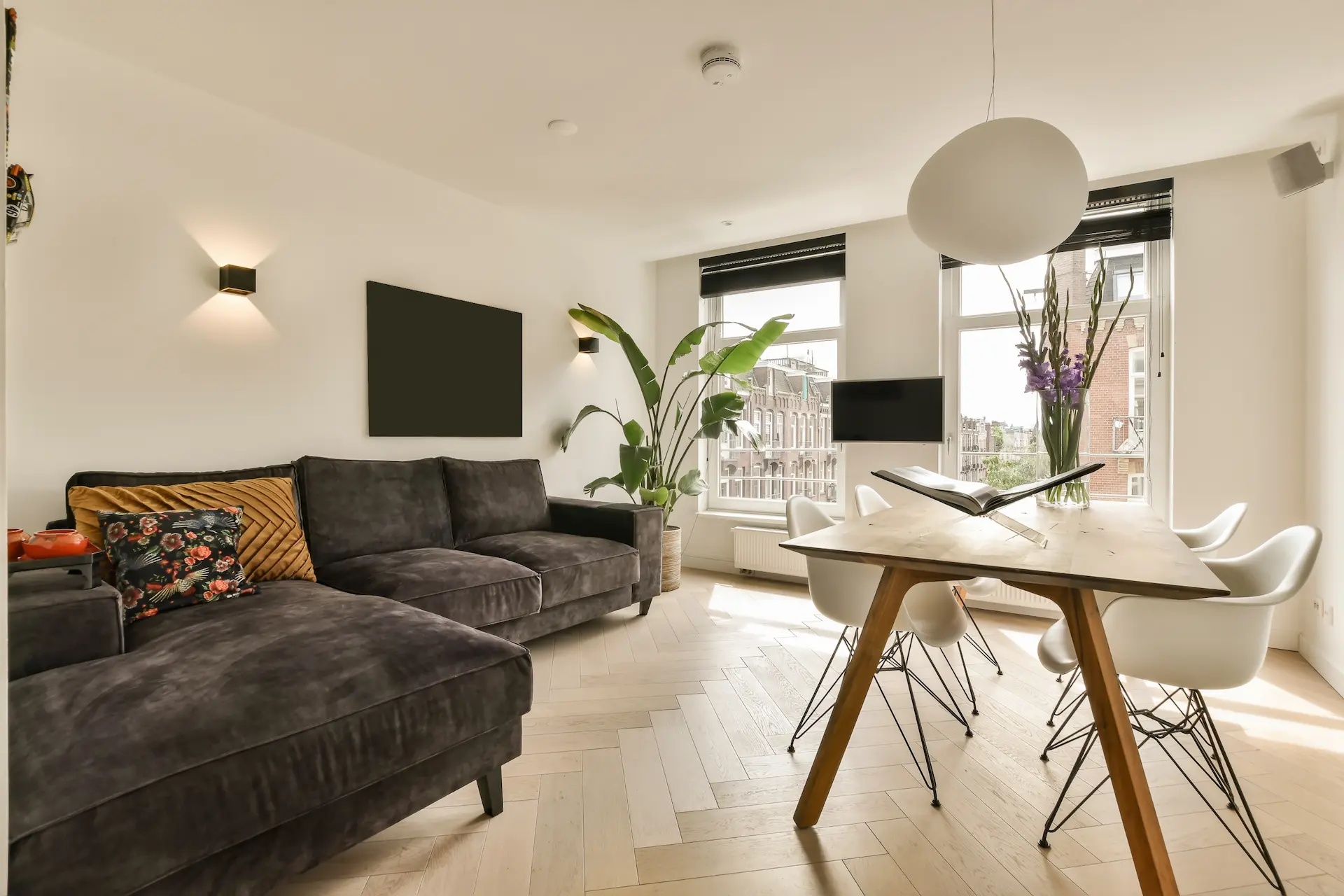 Stylish living room with dining table plants and large windows