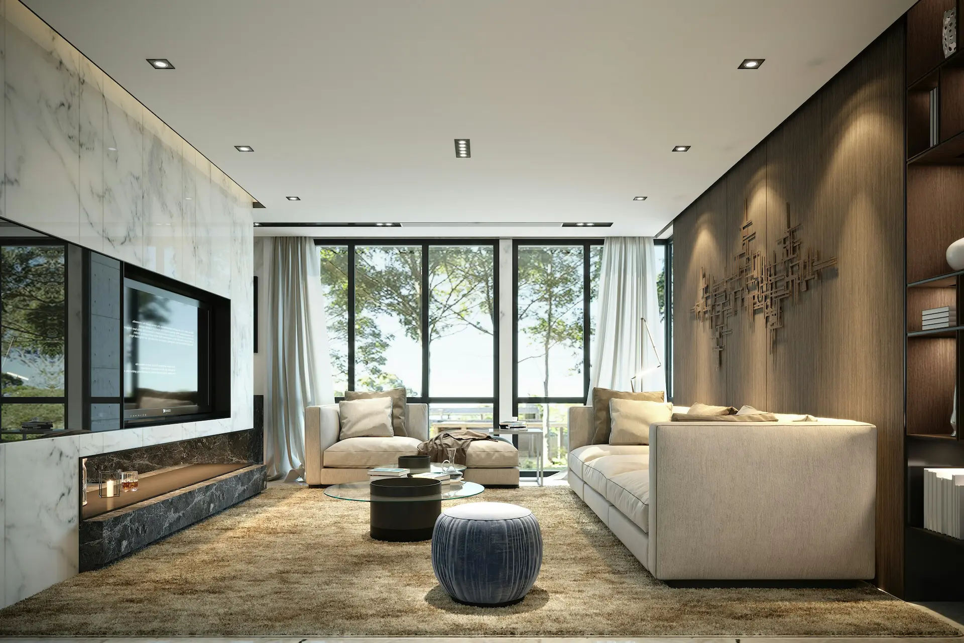 Modern living room with sofa large windows and fireplace