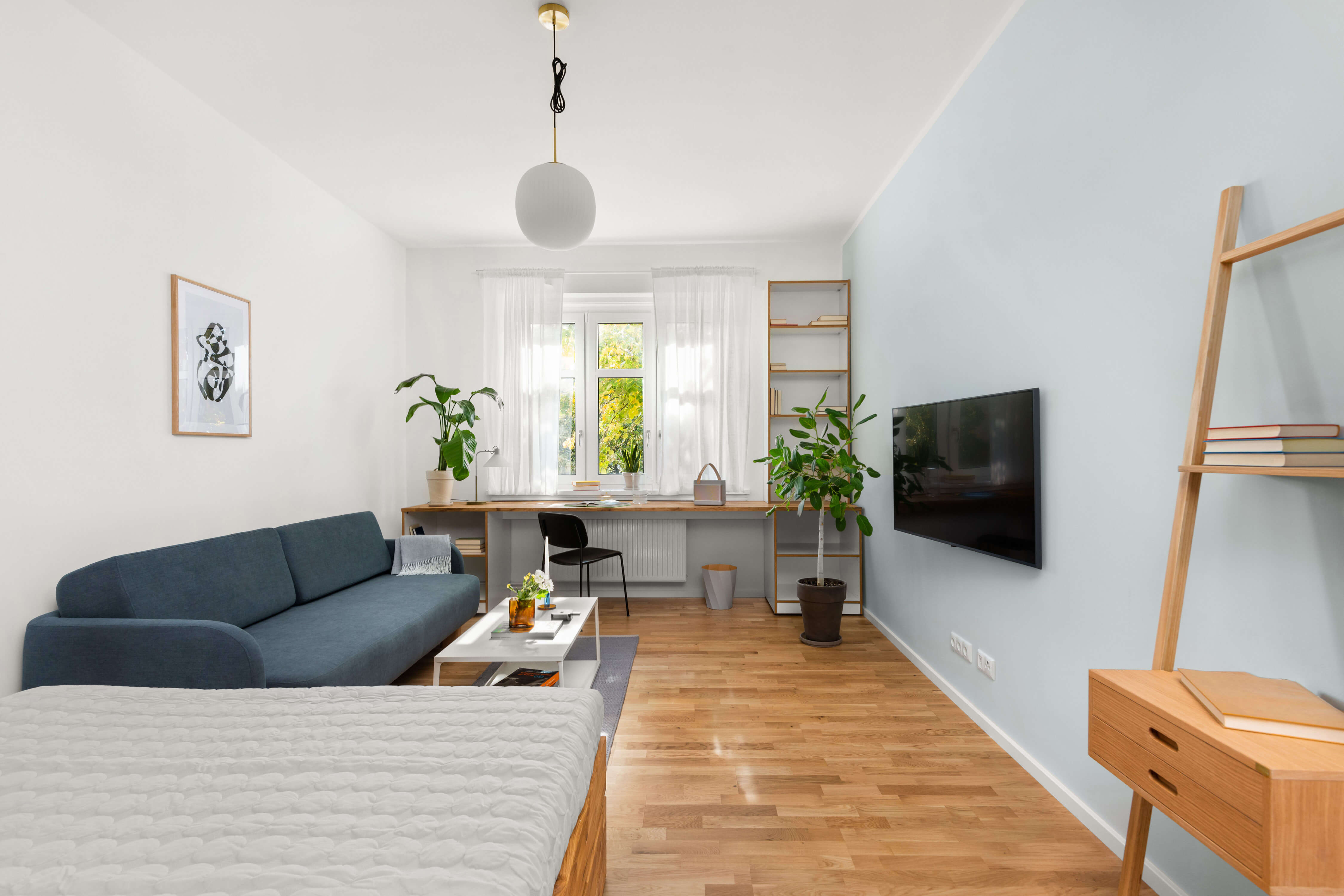 Cozy studio apartment with a blue sofa, workspace by the window, indoor plants, wall-mounted TV, and a bed in the foreground.