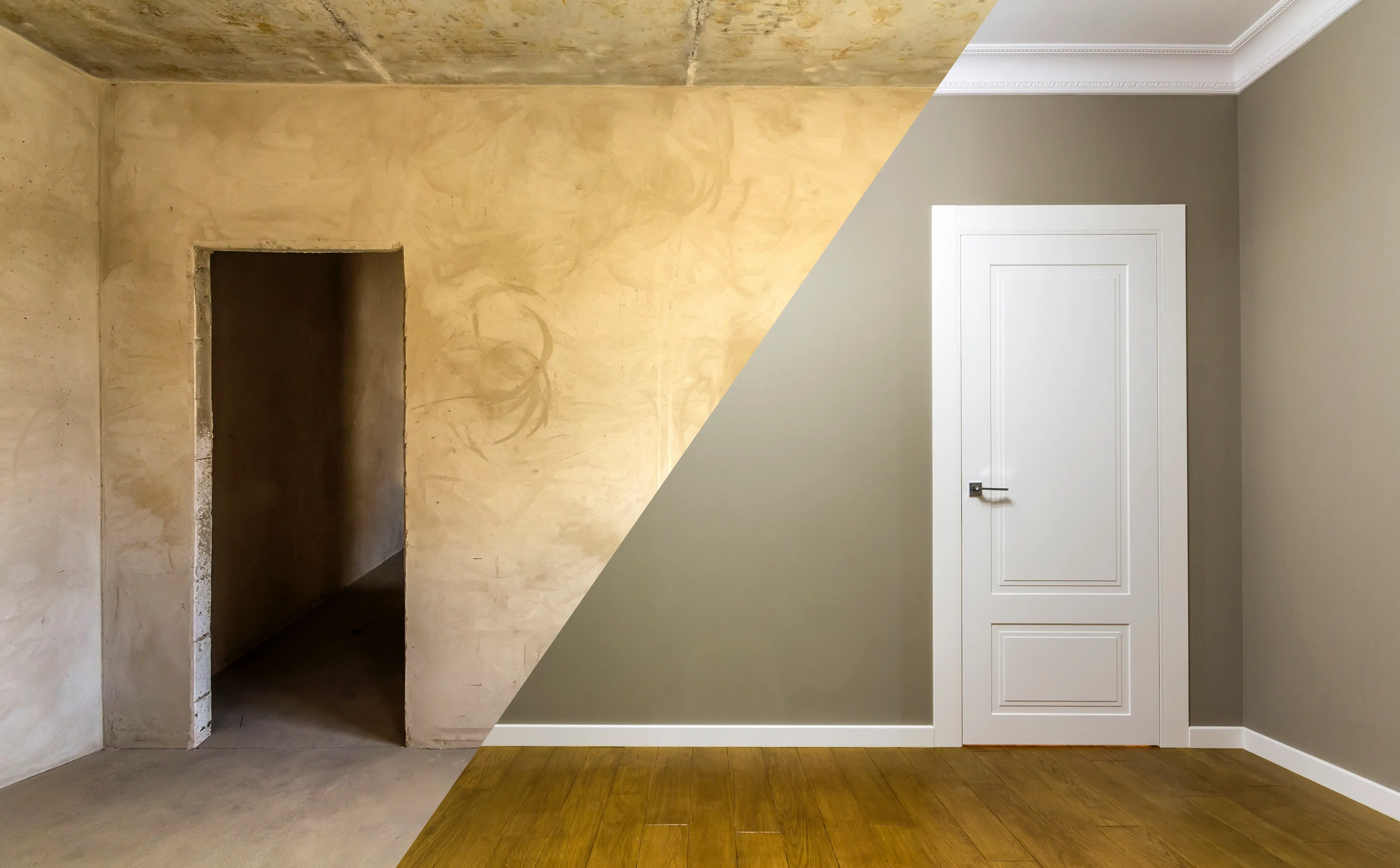 Before-and-after comparison of a renovated room with a new door