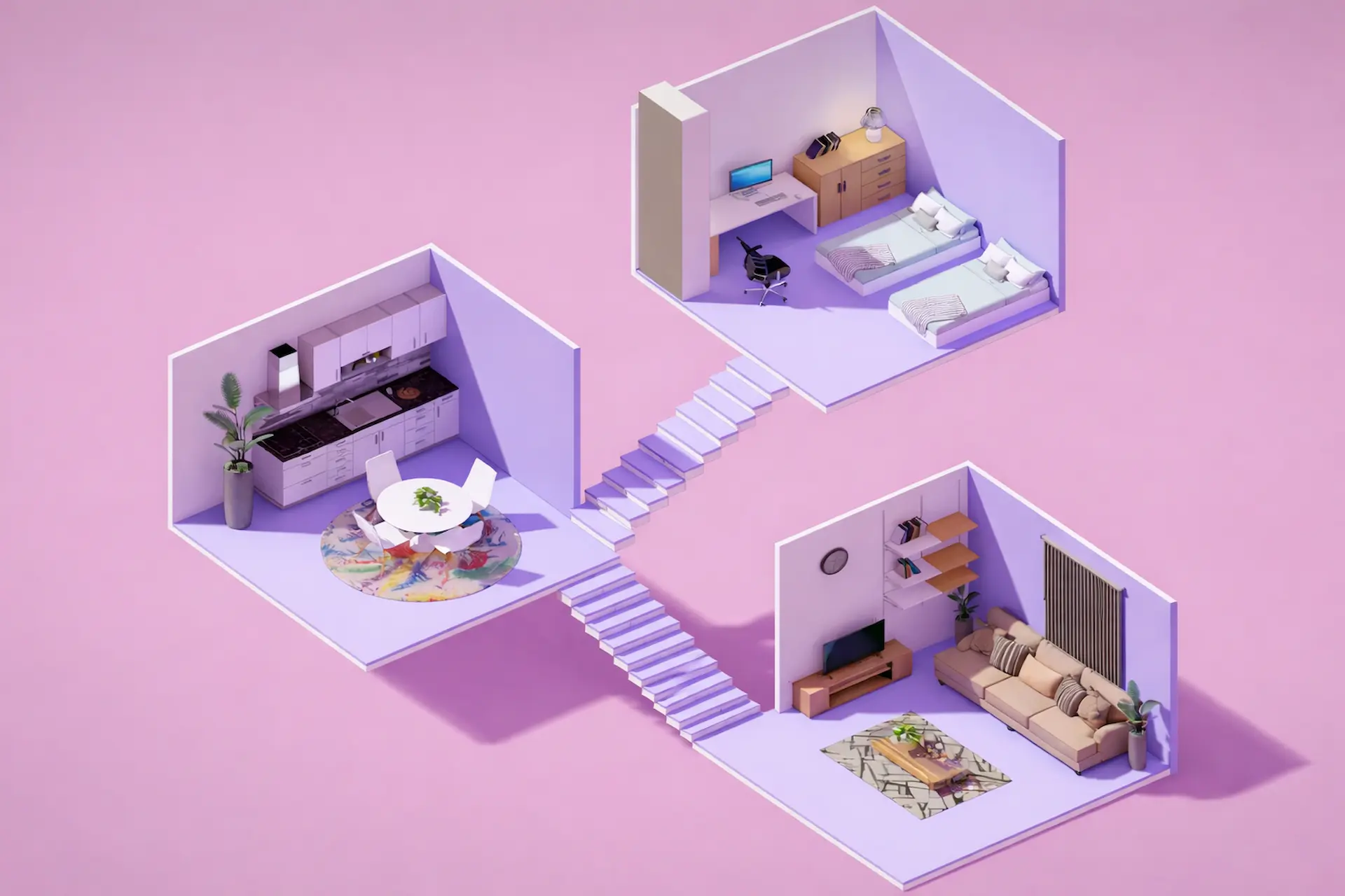 Isometric illustration of a modern apartment with multiple rooms