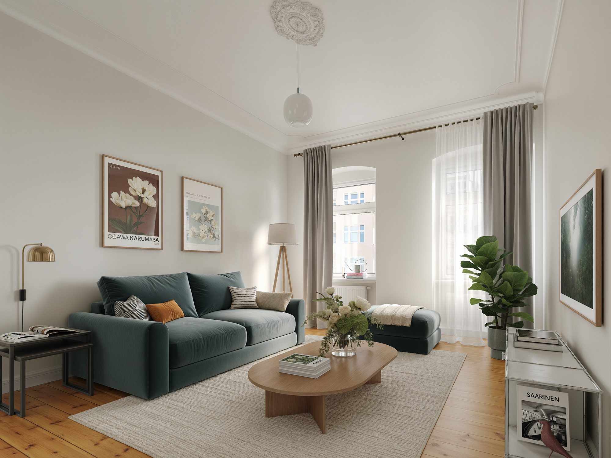 Bright modern living room with sofa plants and large windows