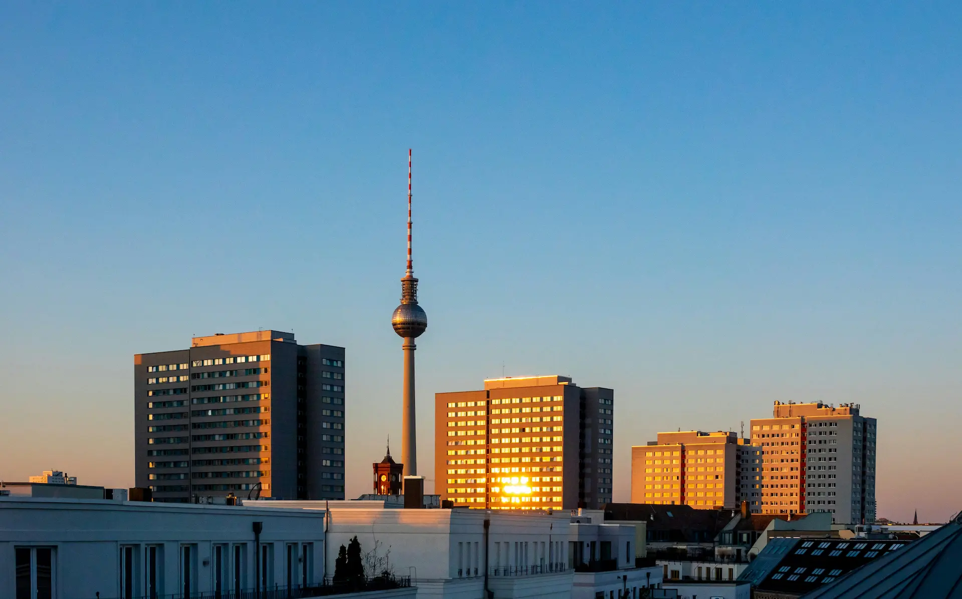  Berlin TV Tower and high-rise buildings in warm evening light
