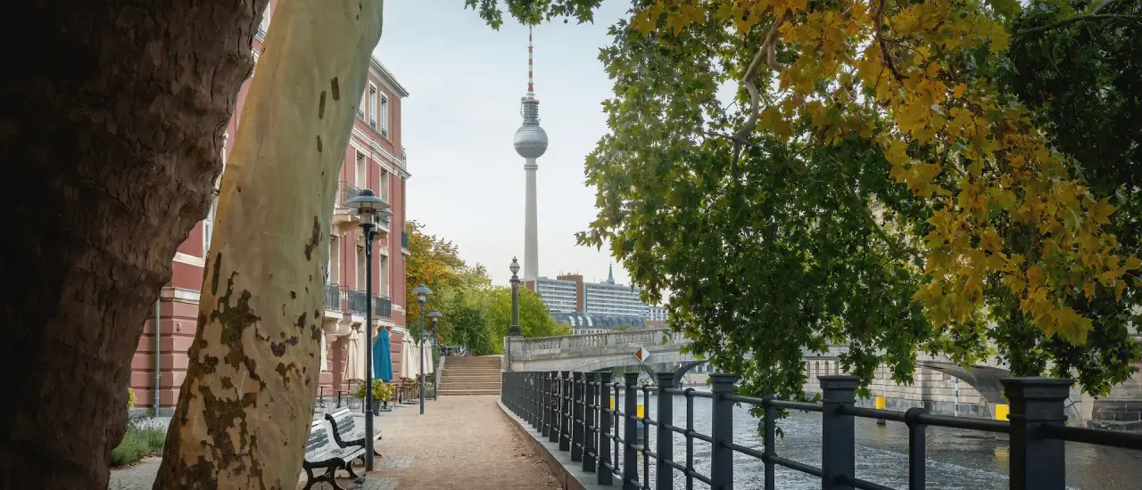 Blick auf den Berliner Fernsehturm vom Spreeufer aus, umgeben von Bäumen und historischen Gebäuden.