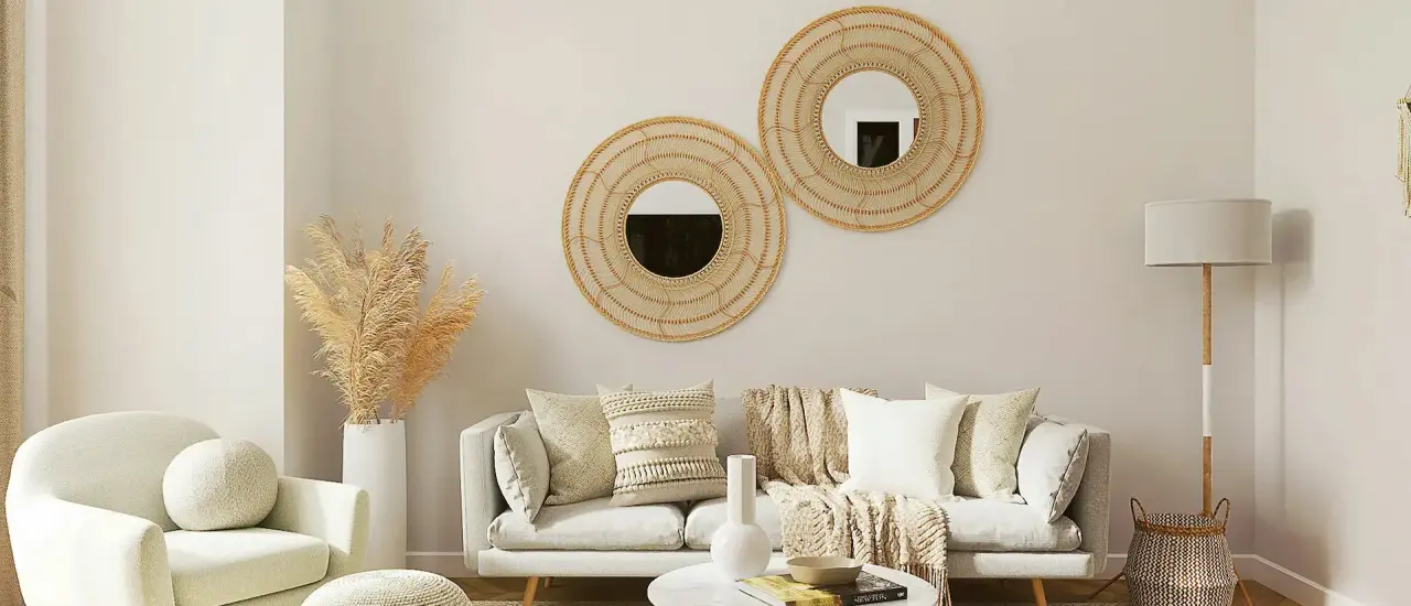 Helles, gemütliches Wohnzimmer mit Sofa, Sesseln und runden Wandspiegeln