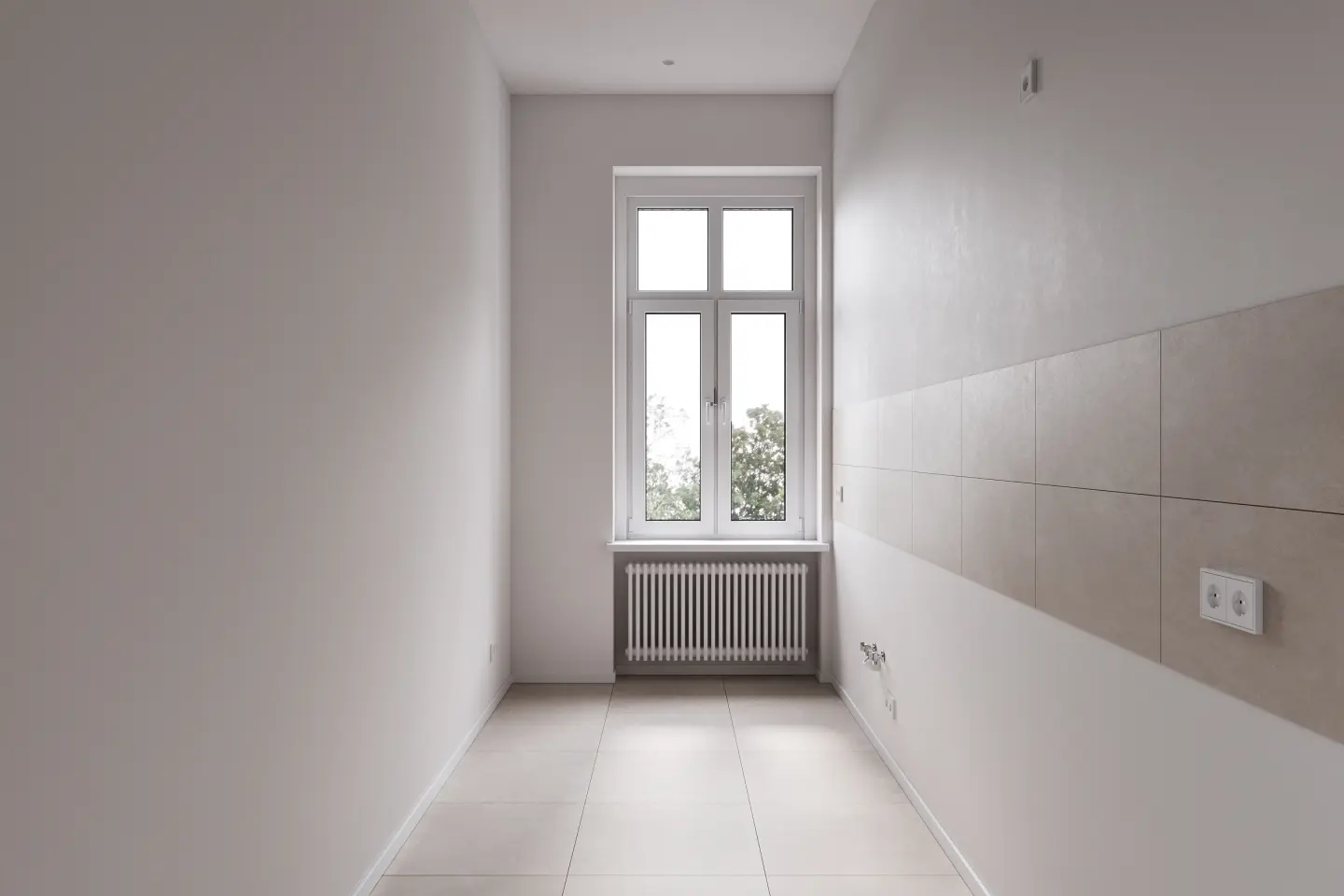 Küche mit Fenster und Fliesenspiegel