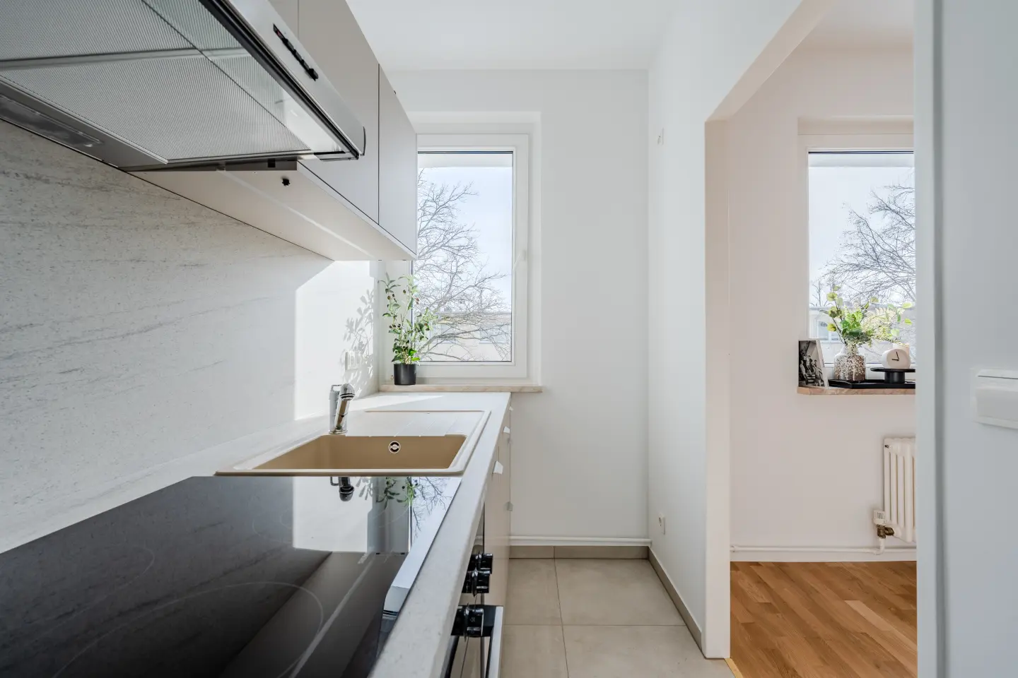 Küche in Längsansicht mit Fenster