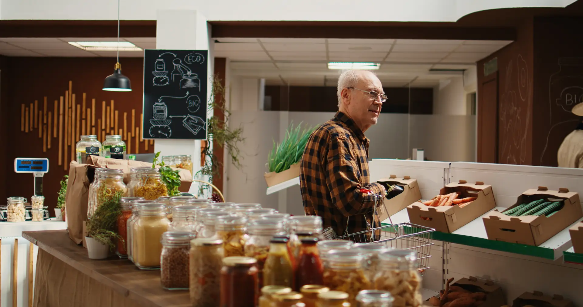 Elderly man buying unpackaged organic food in a store