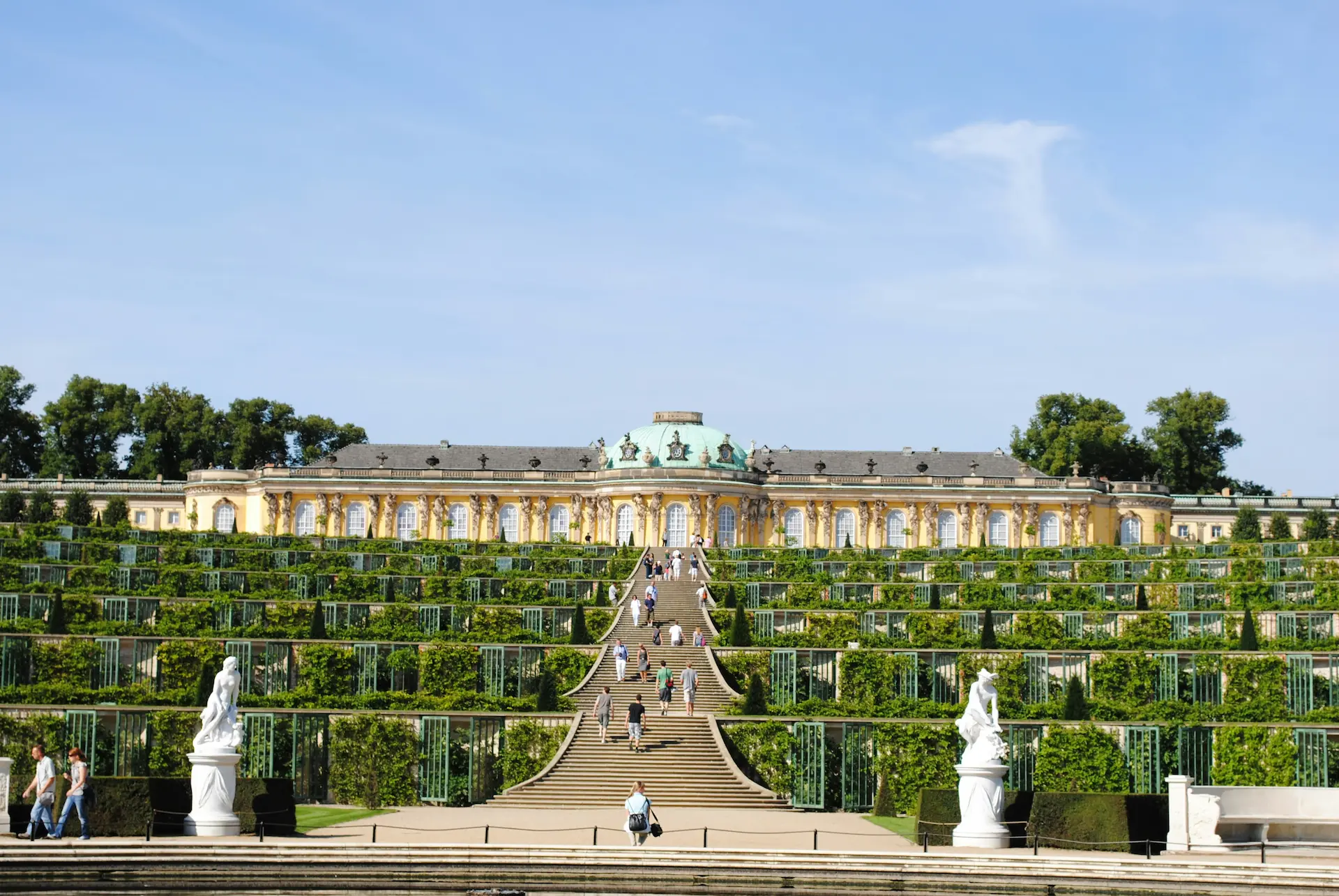 Terraced gardens leading up to a historic palace under a clear sky.