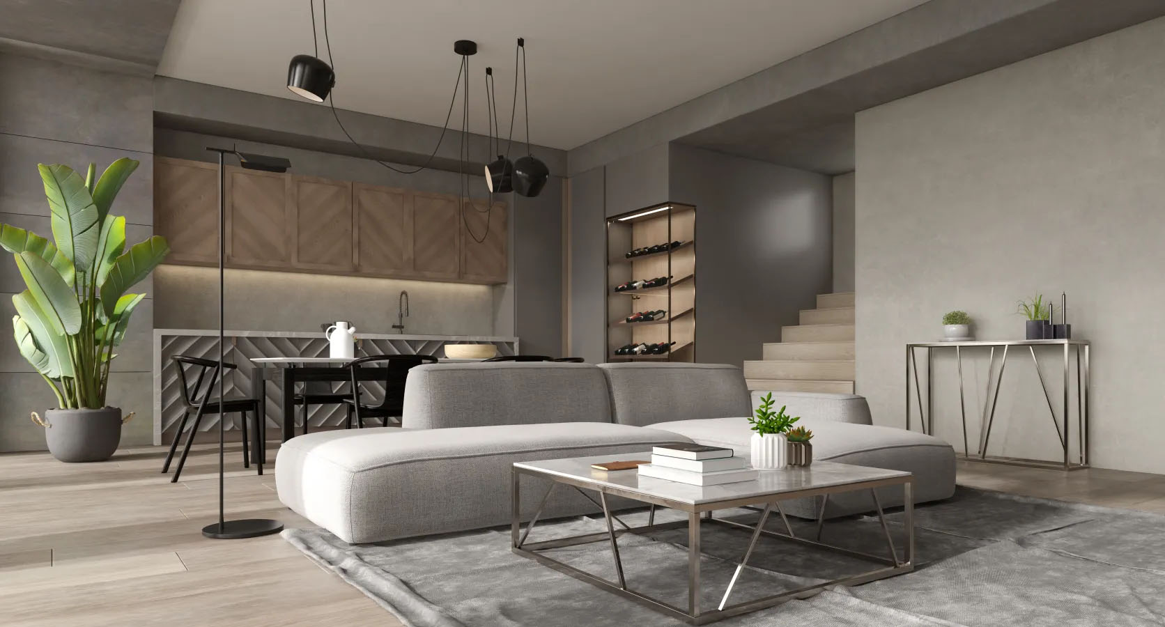Living trend 2025 – modern living room with open kitchen, minimalist interior design and open floor plan for a spacious atmosphere.
